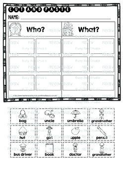 wh questions printables who what when where sort cut and paste worksheets