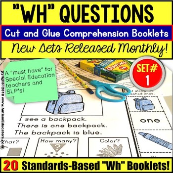 Preview of WH Questions Reading Comprehension Cut and Glue Worksheet Booklets SET 1