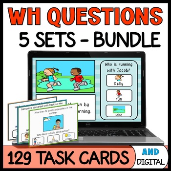 Preview of WH Questions with Visuals Task Cards Sentence Comprehension Special Education