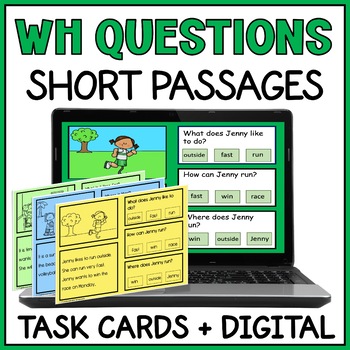 Preview of WH Questions Short Comprehension Passages with Pictures Task Cards 3 Special Ed
