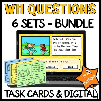 Preview of WH Questions Short Passages Task Cards | Reading Picture Comprehension Bundle