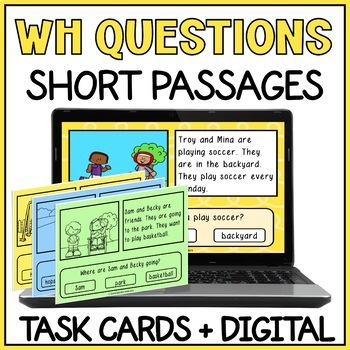 Preview of WH Questions Short Stories Task Cards -  Reading Comprehension Special Education