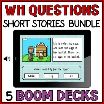 Preview of Short Stories WH Questions Picture Comprehension Boom Cards -  Special Ed Bundle