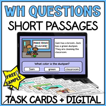 Preview of WH Questions Short Stories Task Cards -  Picture Comprehension Special Ed FREE