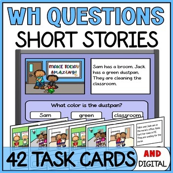 Preview of WH Questions Short Stories Task Cards - Picture Reading Comprehension Special Ed