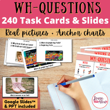 Preview of WH Questions Task Cards/Slides with REAL pictures ESL | SLP