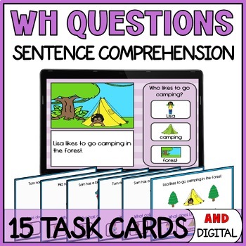 Preview of WH Questions Task Cards with Visuals - Sentence Comprehension Special Education