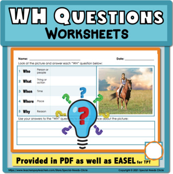 Preview of WH Questions Worksheets - Sentence Writing - Speech - Elementary Level
