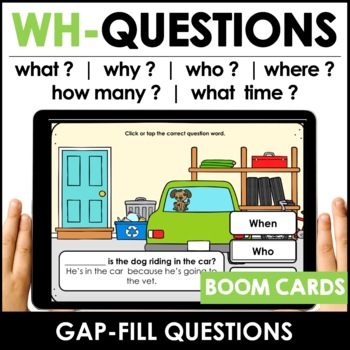 Preview of WH question word BOOM CARDS™ – Digital Task Cards for ESL