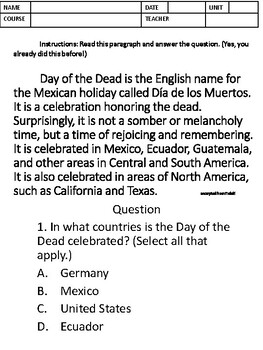 Preview of WHAT KIND OF TEST-TAKER ARE YOU? Day of the Dead
