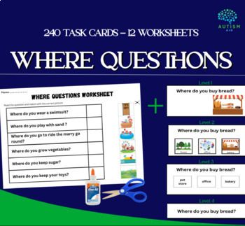 Preview of WHERE Questions I 240 task card & 12 worksheets to learn locations I WH Question