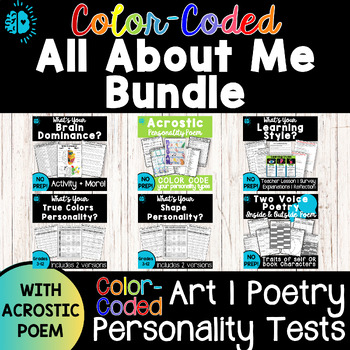 Preview of WHO AM I UNIT-About Me Acrostic Poem, 2 Voice Poetry, & Personality Type BUNDLE