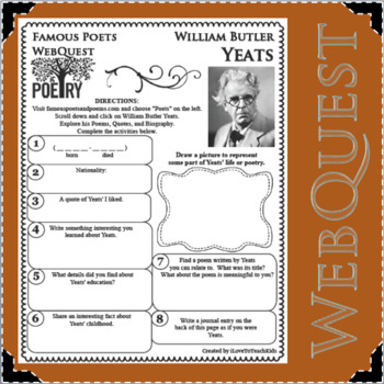 Preview of WILLIAM BUTLER YEATS Poet WebQuest Research Project Poetry Biography Notes