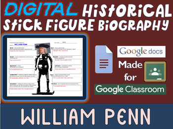 Preview of WILLIAM PENN Digital Historical Stick Figure (mini bio) Editable Google Docs