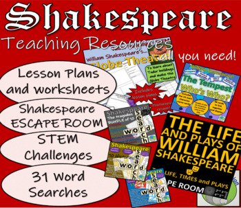 Preview of WILLIAM SHAKESPEARE Unit Bundle: Escape Room, STEM Globe Theater, Word searches