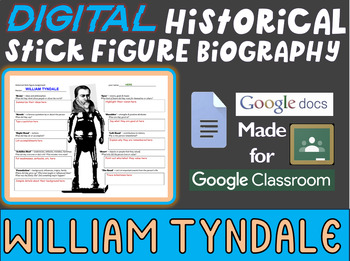 Preview of WILLIAM TYNDALE Digital Historical Stick Figure (mini bios) Editable Google Docs