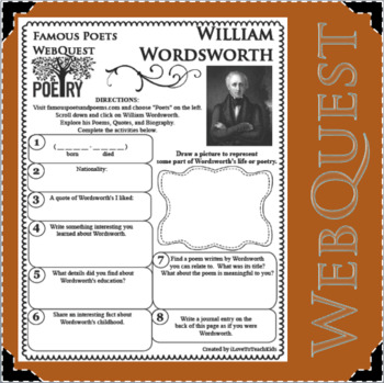 Preview of WILLIAM WORDSWORTH Poet WebQuest Research Project Poetry Biography Notes