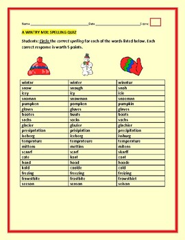 Preview of WINTER: A SPELLING QUIZ,  GRS. 3-6, ESL,  w/ ANSWER KEY