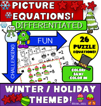 Preview of WINTER CHRISTMAS PICTURE PUZZLE EQUATIONS LOGIC ACTIVITY EASIER
