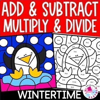 Preview of Winter Addition Subtraction Multiplication Division Color by Number Code Bundle