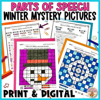 Preview of WINTER Color by Code Grammar Mystery Pictures: Find Parts of Speech in Sentences