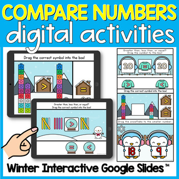 Preview of WINTER Greater Than Less Than Games Comparing Numbers Kindergarten Google Slides