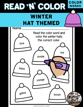 Preview of WINTER HAT READ and COLOR Worksheet COLOR WORDS SEASONAL JANUARY PreK