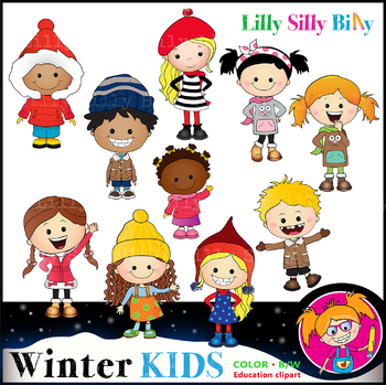 Preview of WINTER KIDS Clipart set. BLACK AND WHITE & Color Bundle. {Lilly Silly Billy}