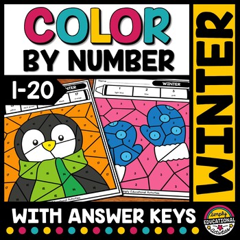 Preview of WINTER MATH ACTIVITY COLOR BY NUMBER 1-20 CODE WORKSHEETS JANUARY COLORING PAGE