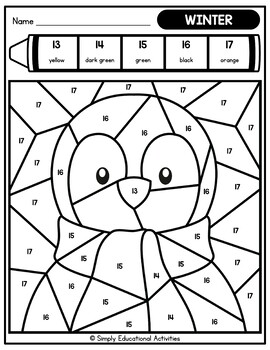 WINTER MATH ACTIVITY COLOR BY NUMBER 1-20 CODE WORKSHEETS MARCH ...