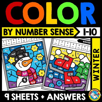 Preview of WINTER MATH COLOR BY NUMBER SENSE TO 10 ACTIVITY DECEMBER COLORING PAGE SHEET