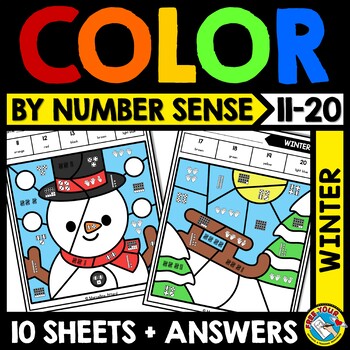 Preview of WINTER MATH COLOR BY TEEN NUMBER SENSE ACTIVITY DECEMBER COLORING PAGE WORKSHEET