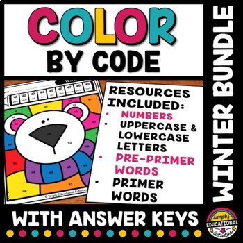 WINTER MATH ELA ART ACTIVITY COLOR BY NUMBER LETTER SIGHT WORDS ...