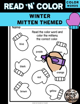Preview of WINTER MITTENS READ and COLOR Worksheet COLOR WORDS SEASONAL JANUARY PreK MITTEN