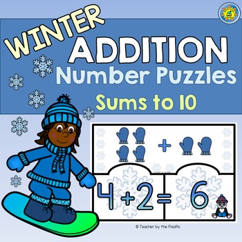 Preview of WINTER Math Center | ADDITION Puzzles  | Sums to 10