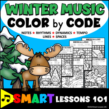Preview of WINTER Music COLOR by CODE WORKSHEETS Note Rhythm Dynamic Tempo Coloring Pages
