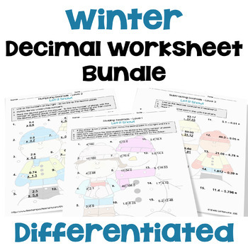 Preview of Winter Math Decimal Worksheet Bundle - Differentiated