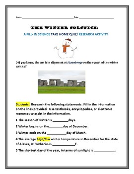 Preview of WINTER SOLSTICE QUIZ: A TAKE HOME/ FILL-IN RESEARCH ACTIVITY