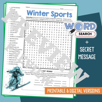 Preview of WINTER SPORTS Word Search Puzzle Activity Vocabulary Worksheet Secret Message