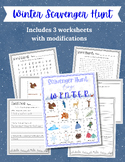 WINTER Scavenger Hunt Bingo with Worksheets and Modifications