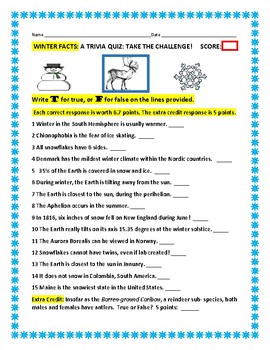 Winter Trivia Quiz T F Quiz W Answer Key By House Of Knowledge And Kindness
