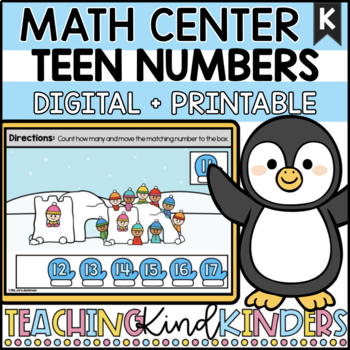 Preview of WINTER Teen Number Digital MATH Center | Kindergarten Digital + Print - FREEBIE