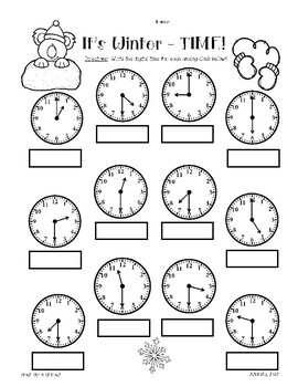 winter telling time worksheet practice pack hour half hour and quarter hour