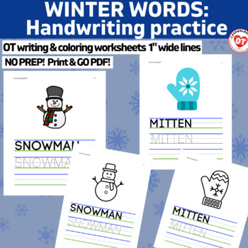 Preview of WINTER Uppercase handwriting worksheets 1" lines tracing/copying words