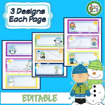 Editable Winter Cubby Or Desk Name s 27 Designs Snowman Skaters Kids