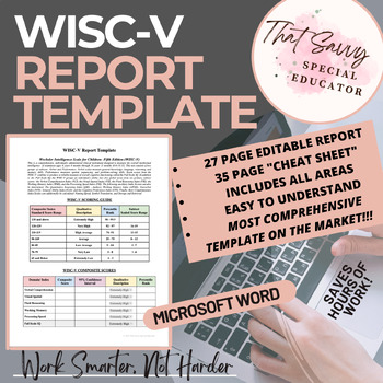 Preview of WISC-V Report Template (WORD) w/ 35 PAGE Cheat Sheet- Thorough & Easy to Use!