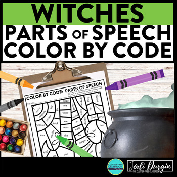 Preview of WITCHES color by code HALLOWEEN coloring page PARTS OF SPEECH worksheet