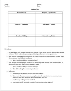 Preview of WKSH: Culture Toss (Cultural Values Assessment) [CCSS.ELA.L.3] (EDITABLE)