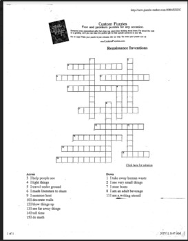 WKSH: Renaissance Inventions Crossword by TheQueenV2013 TPT