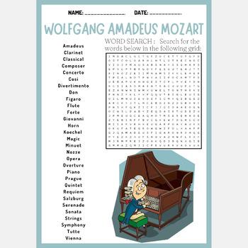 WOLFGANG AMADEUS MOZART Biography word search puzzle worksheets activity